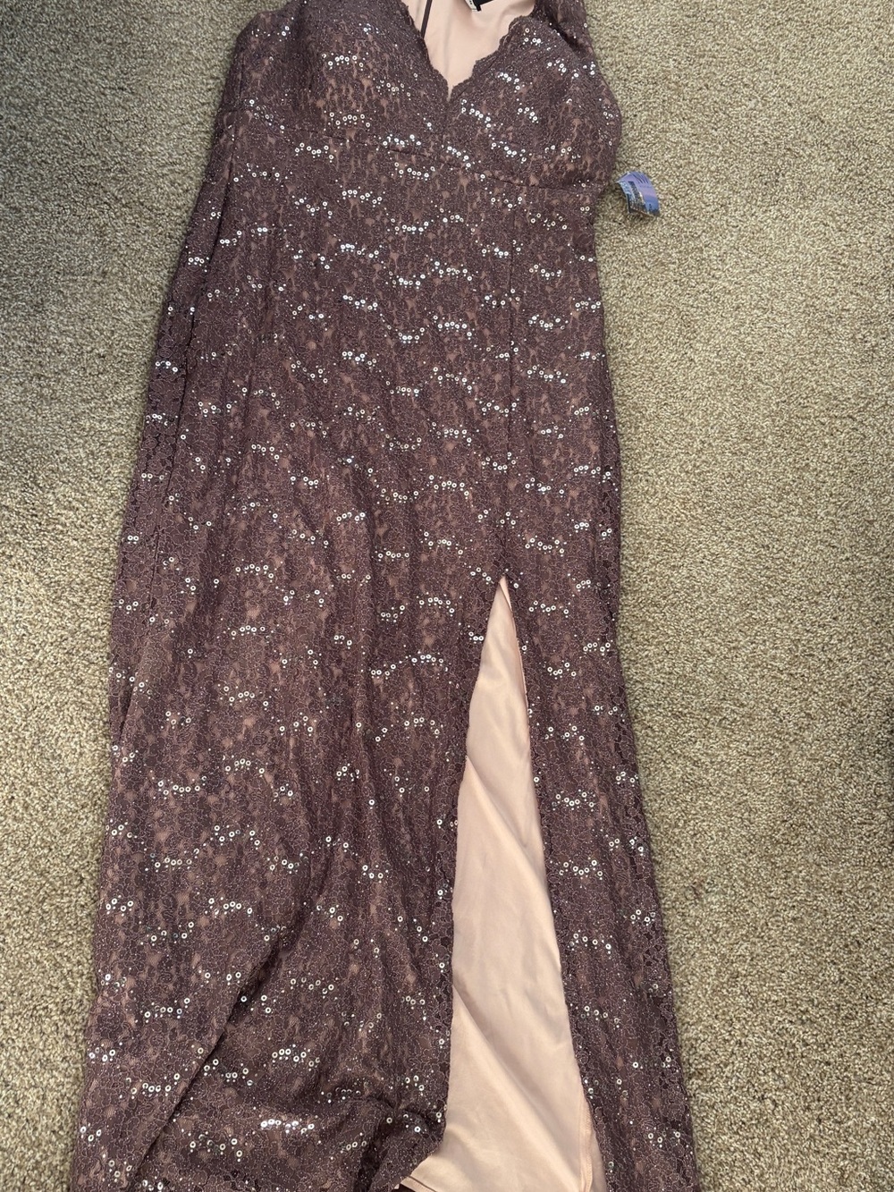 Mauve Sequin Lace Evening Gown with Scalloped V-Neck
